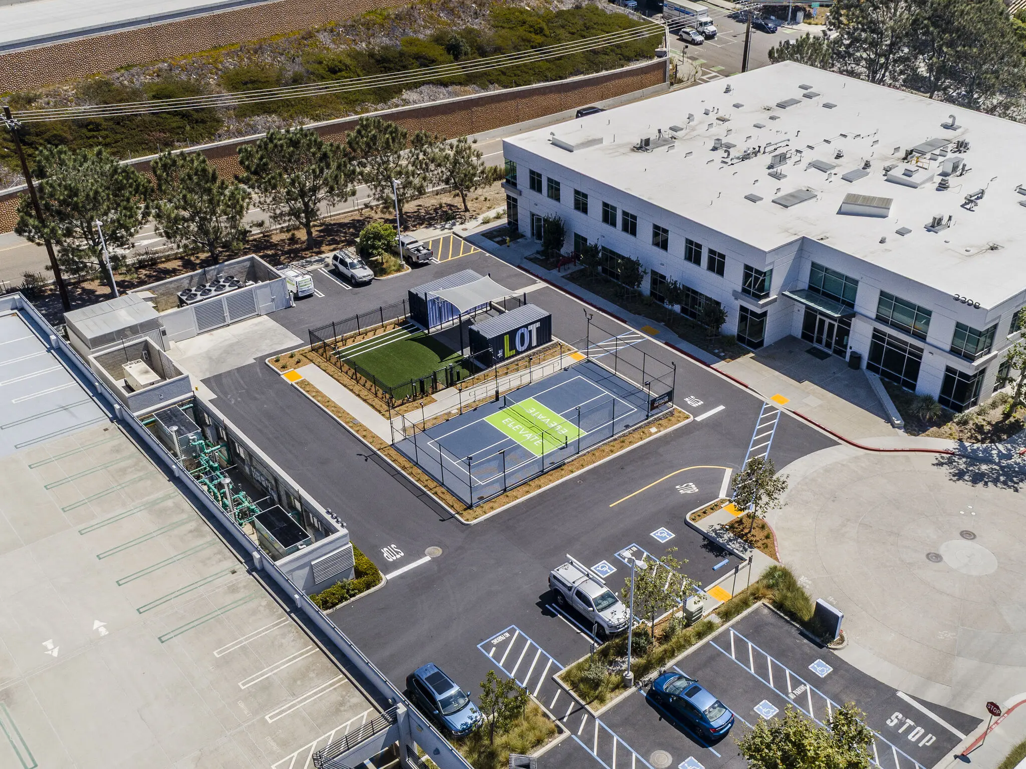 Modern building with outdoor sports facilities