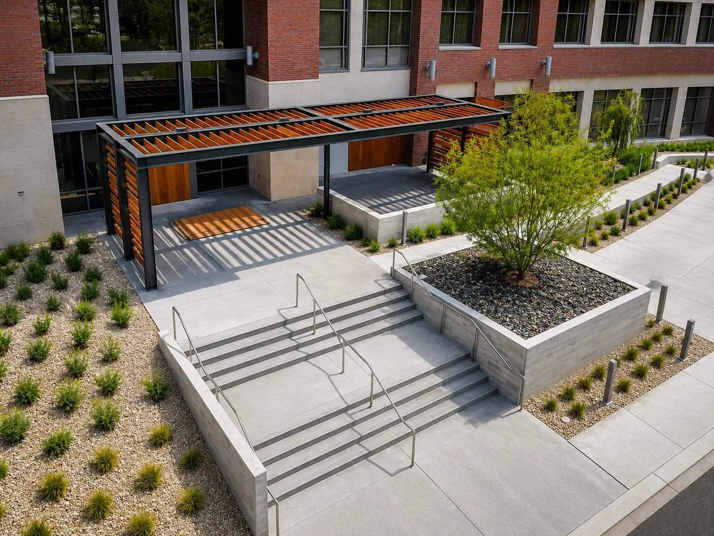 Modern building entrance with landscaped garden
