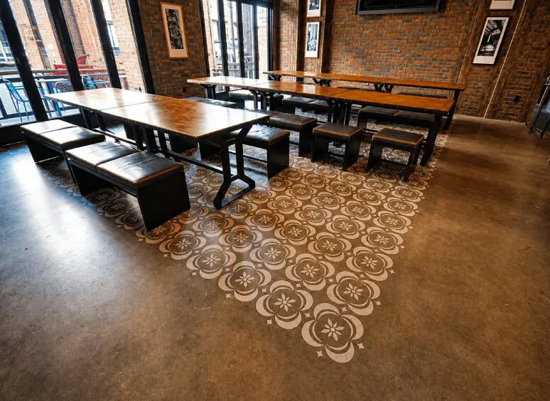 Modern cafe interior with decorative flooring