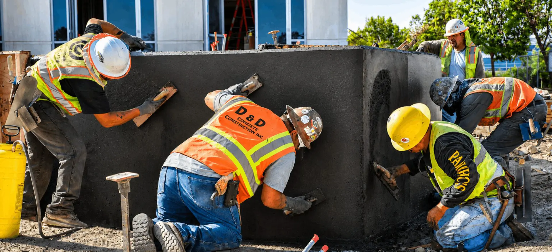 Construction workers smoothing concrete wall