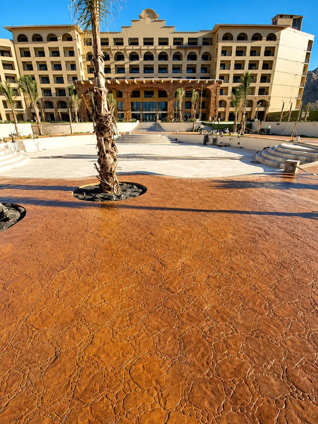 Luxury hotel entrance with palm trees