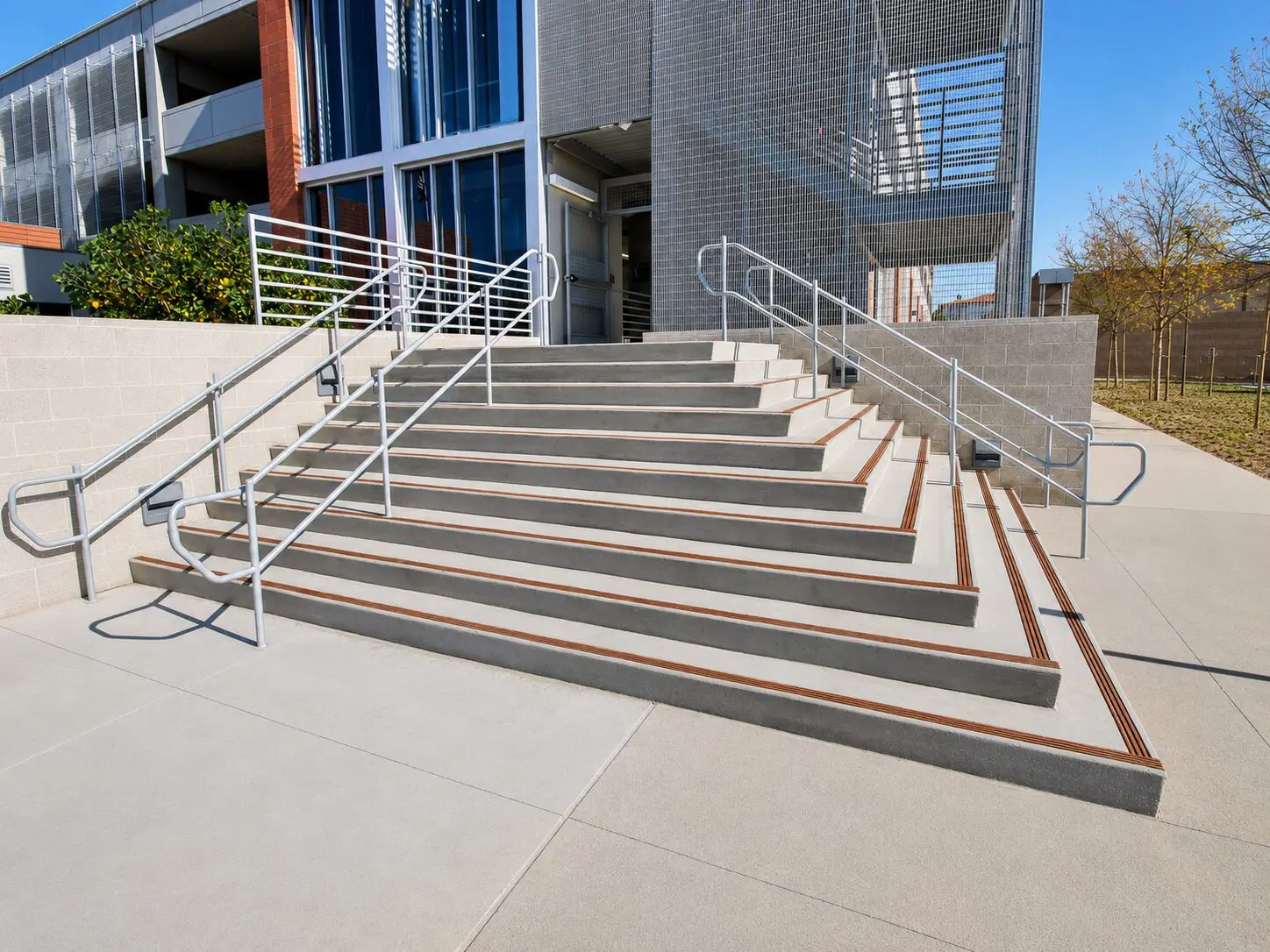 Outdoor staircase with safety rails