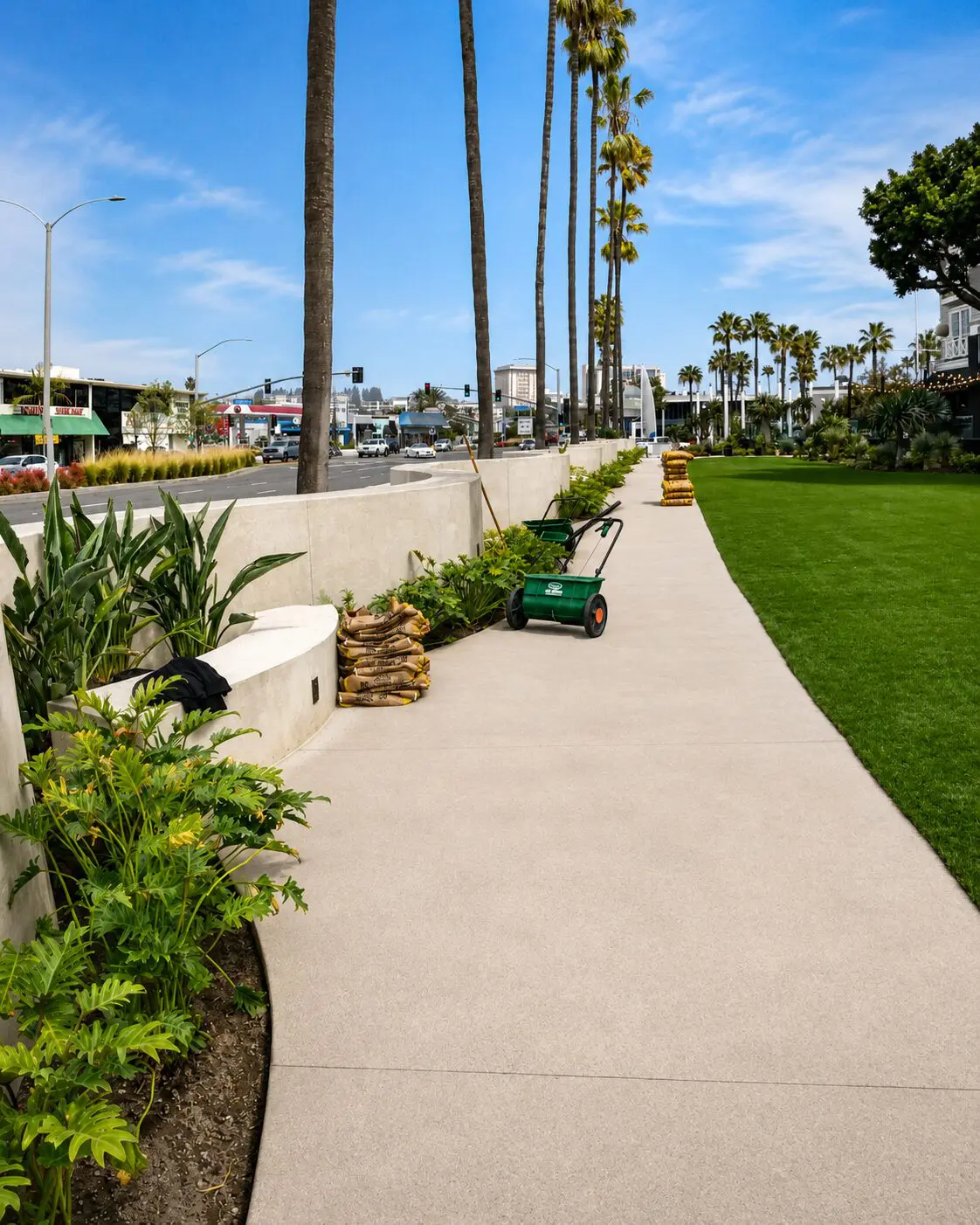 Pathway with palm trees and green lawn