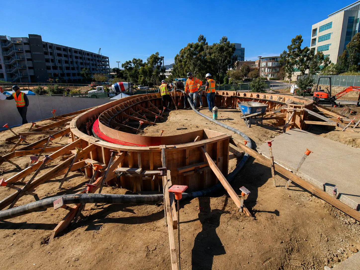 Team assembling concrete formwork outdoors