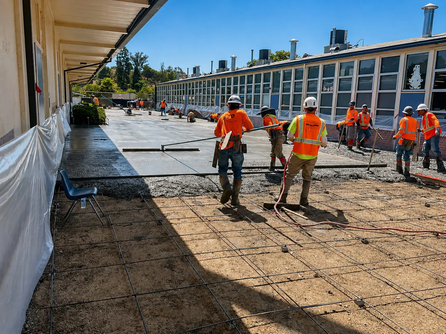 Workers in orange vests laying concrete