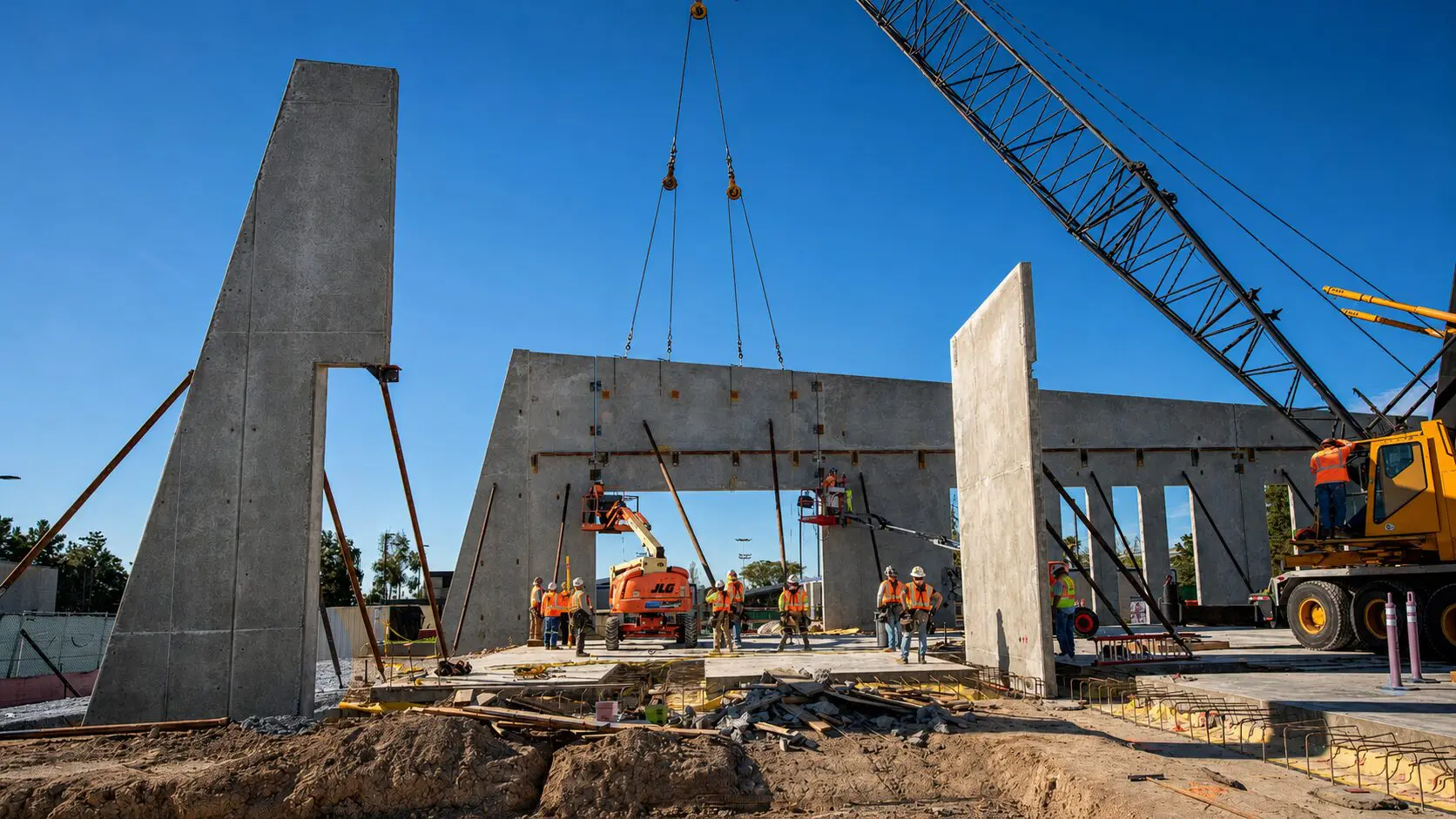 Construction workers assembling large concrete panels