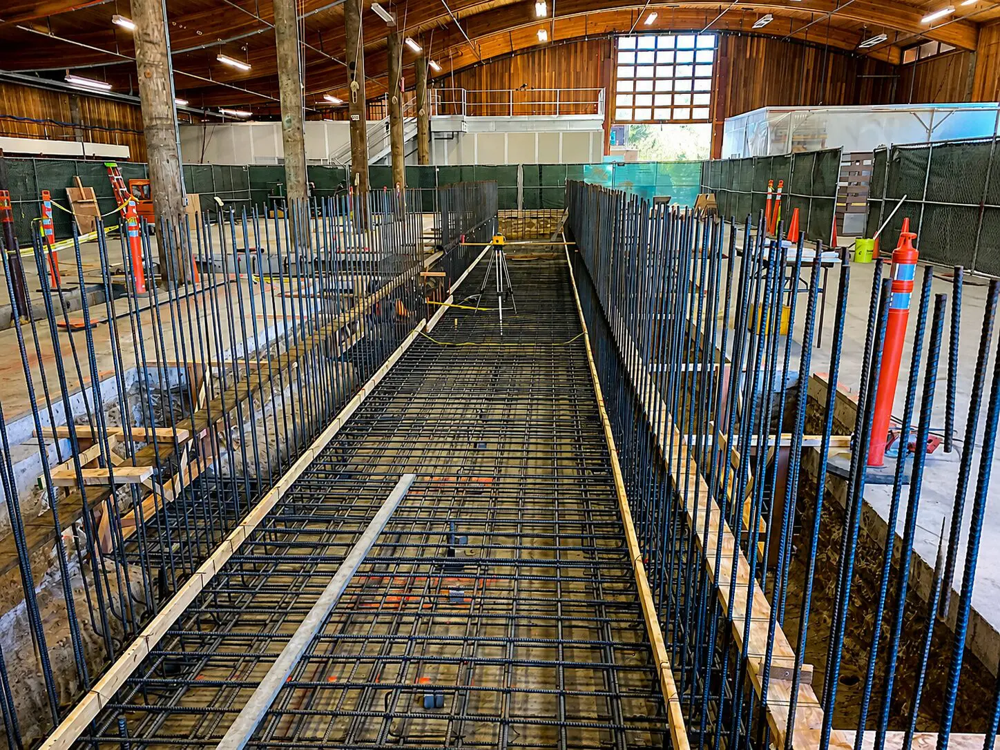Indoor construction area with rebar setup