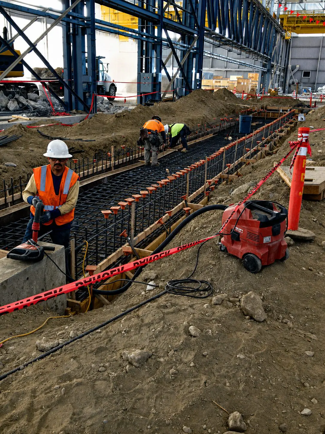 Construction crew working on steel reinforcement.