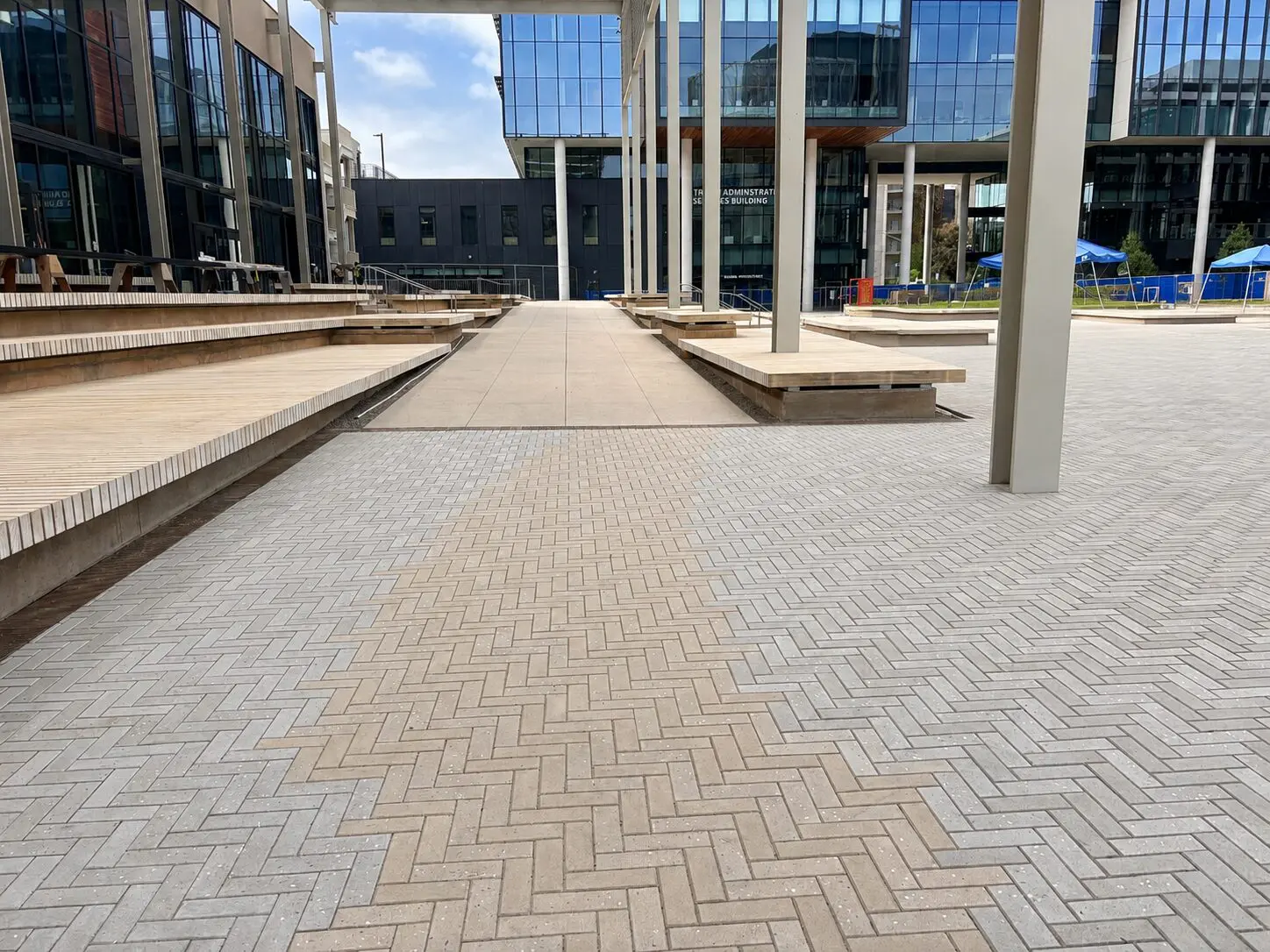 Contemporary architecture and brick walkway