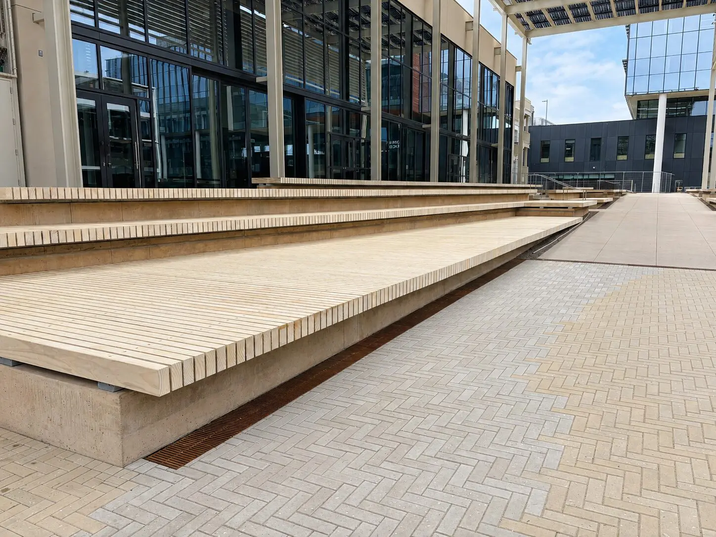Outdoor seating area with wooden benches