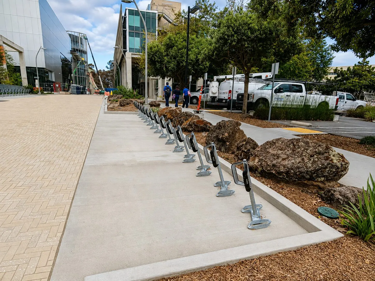 Row of bike stands on city sidewalk