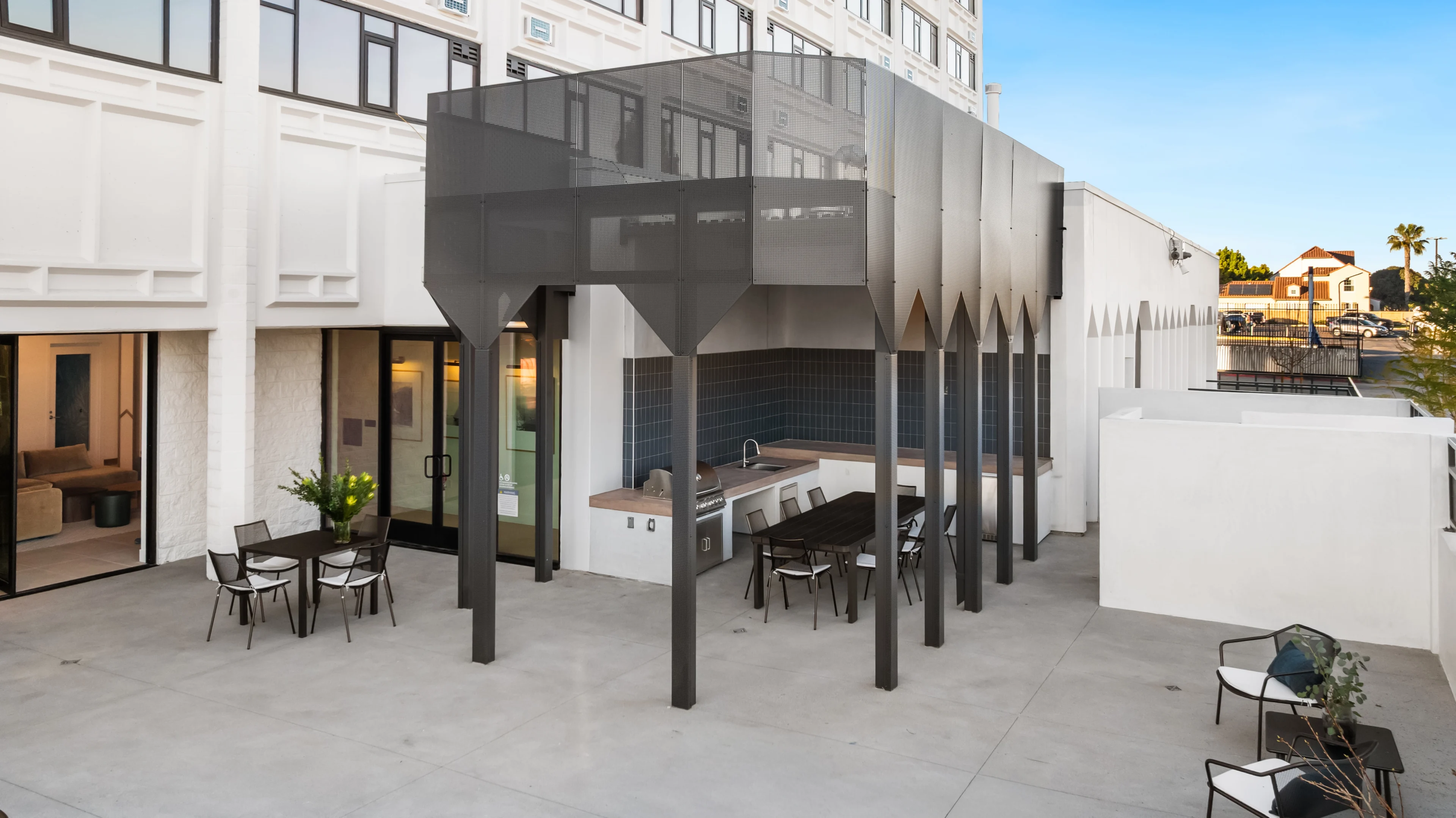 Urban patio with sleek metal structure
