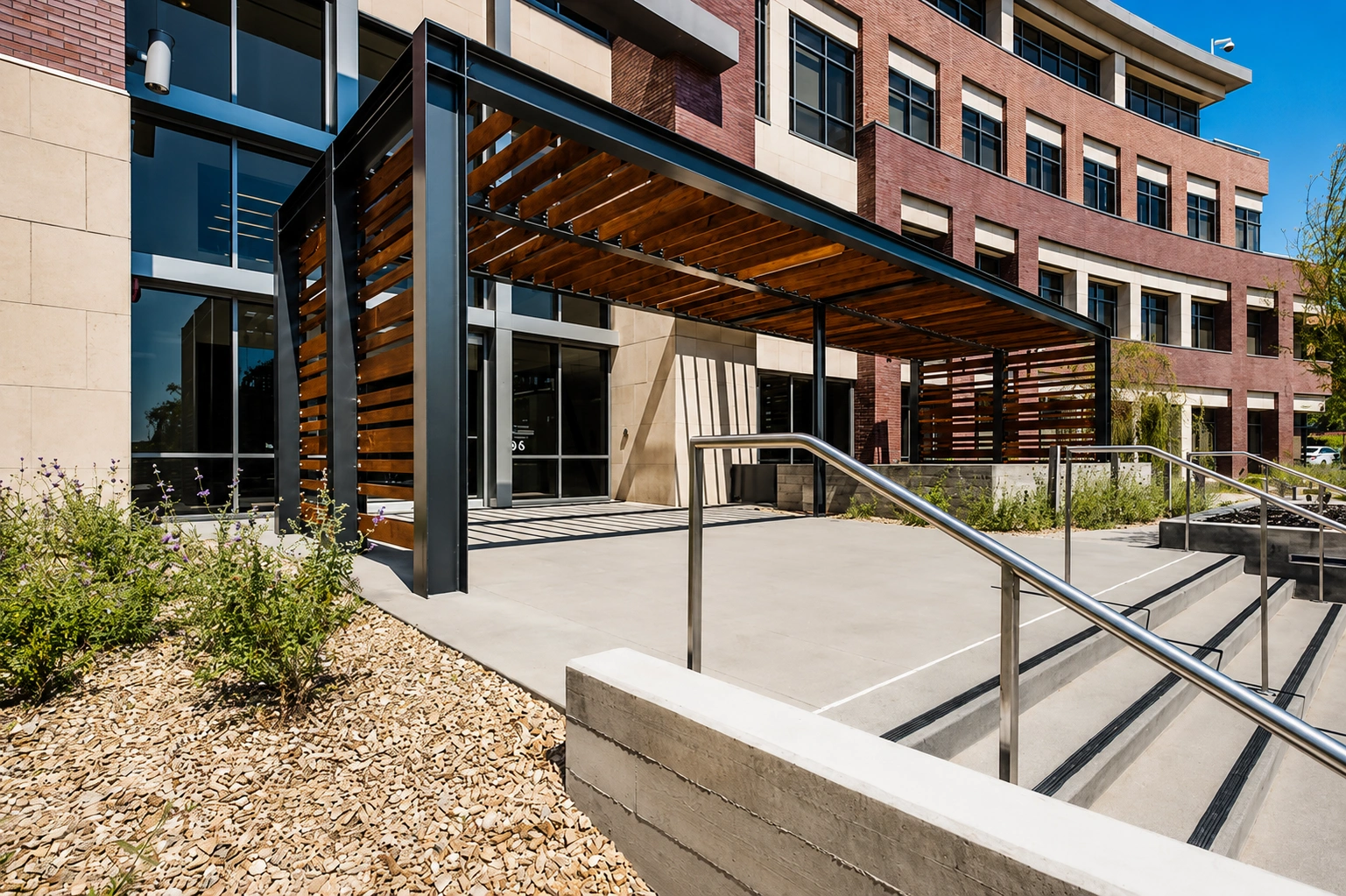 Office building with shaded walkway