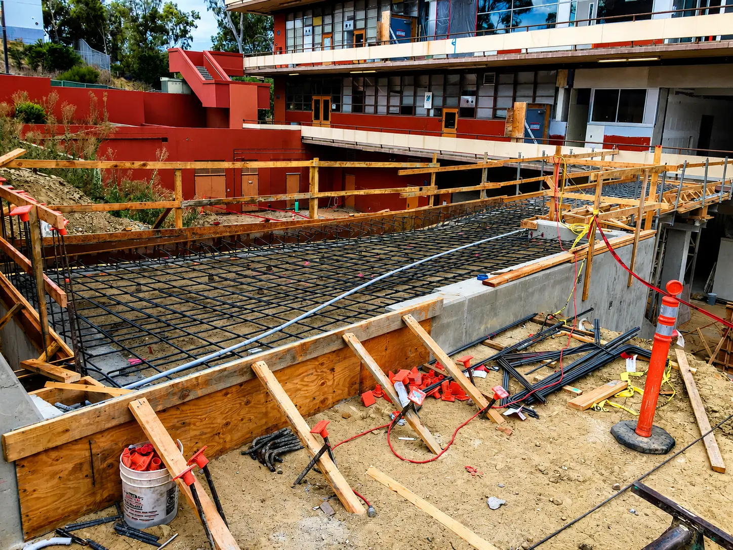 Construction area with wooden supports and tools.