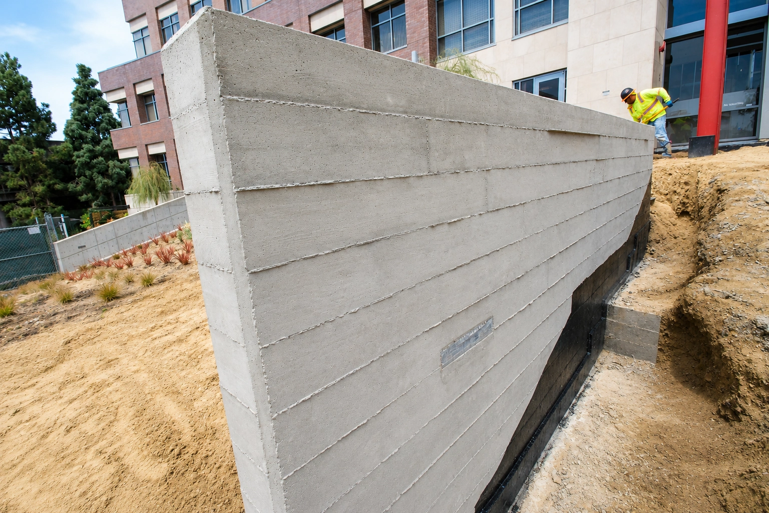 Concrete retaining wall near modern building