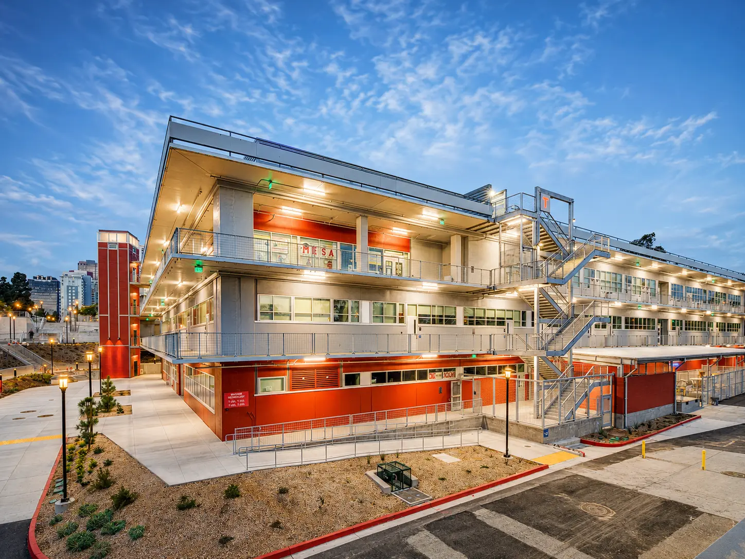 Modern school building with red accents