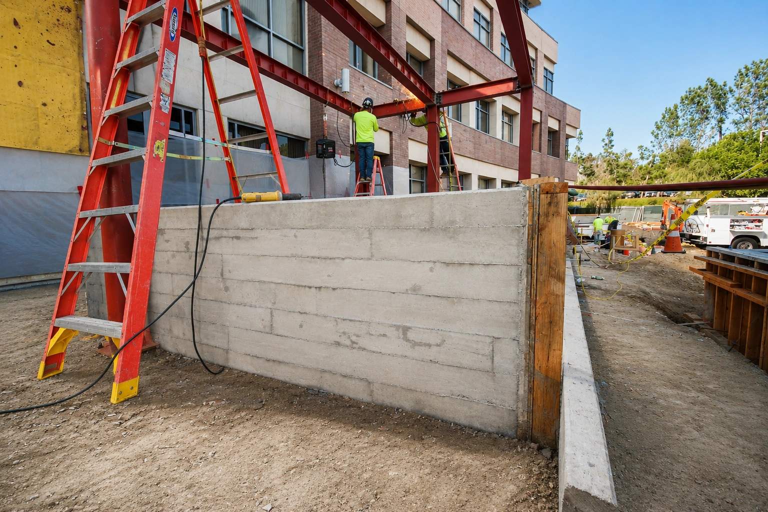 Workers installing beams on a building site.