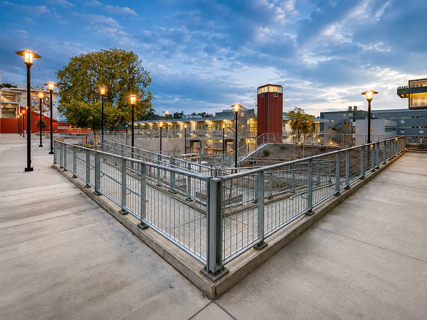 Modern urban plaza at dusk
