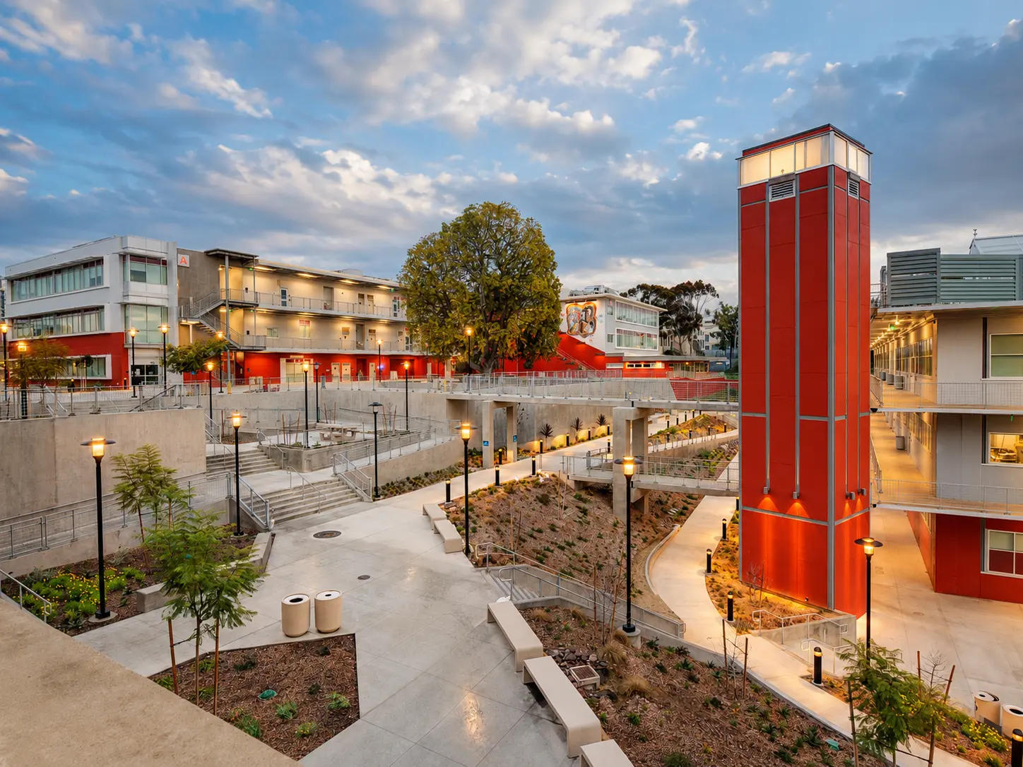Vibrant college campus walkway