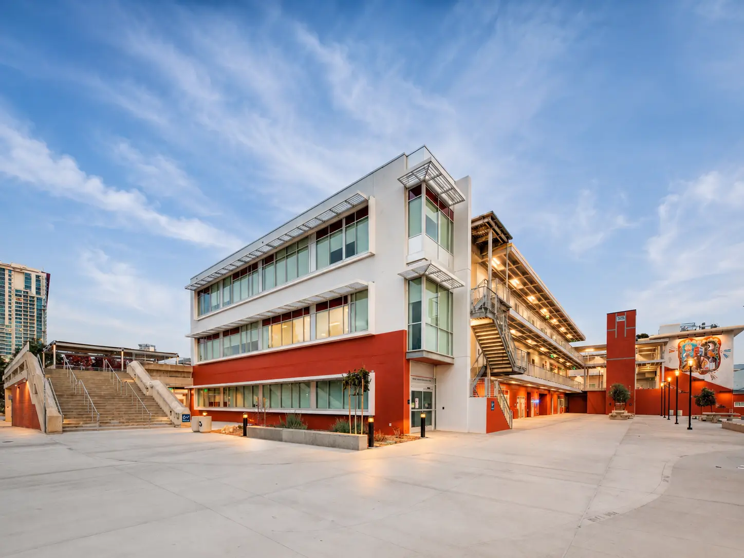 Modern building with red accents