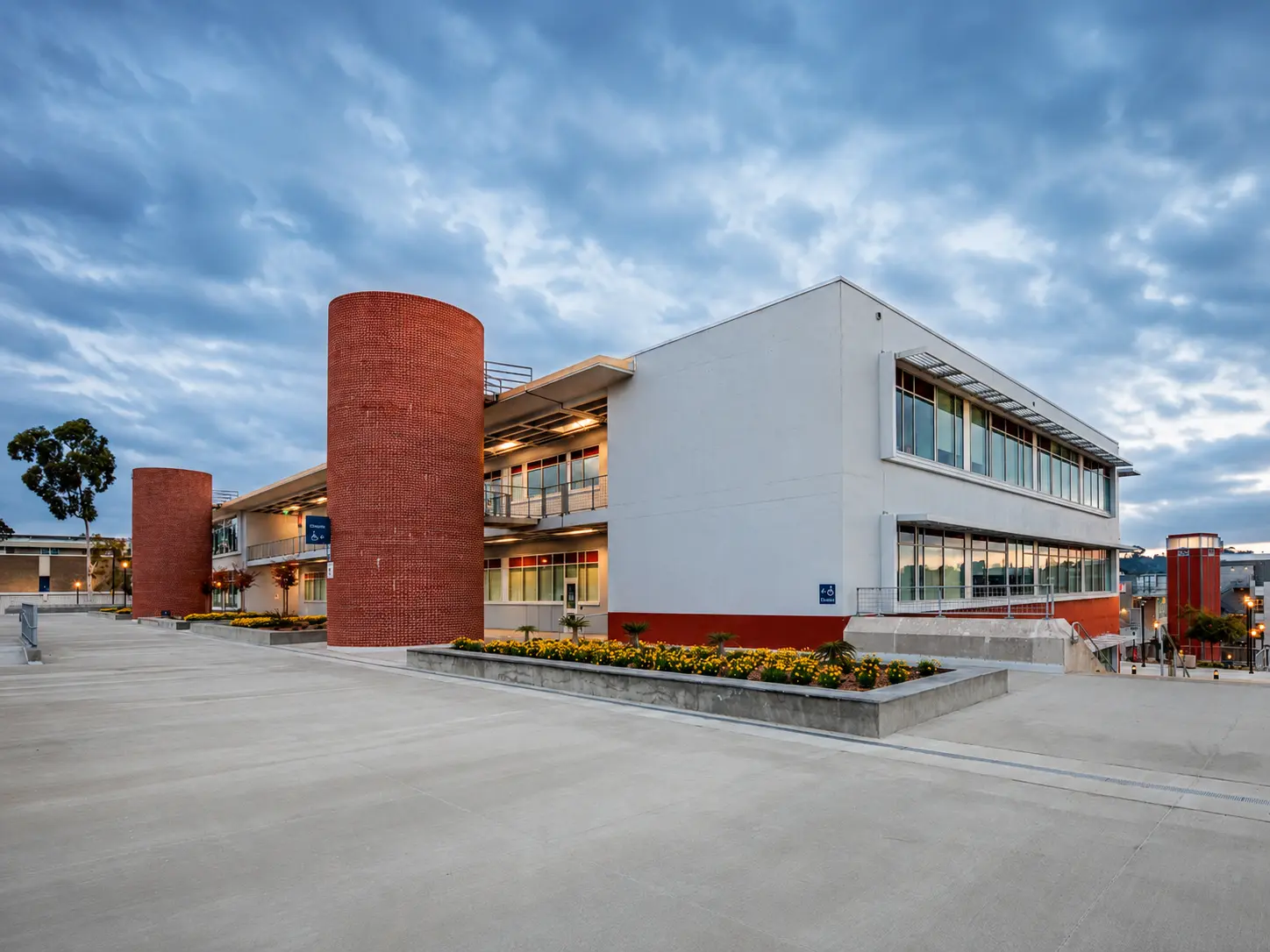 School campus with landscaped entrance
