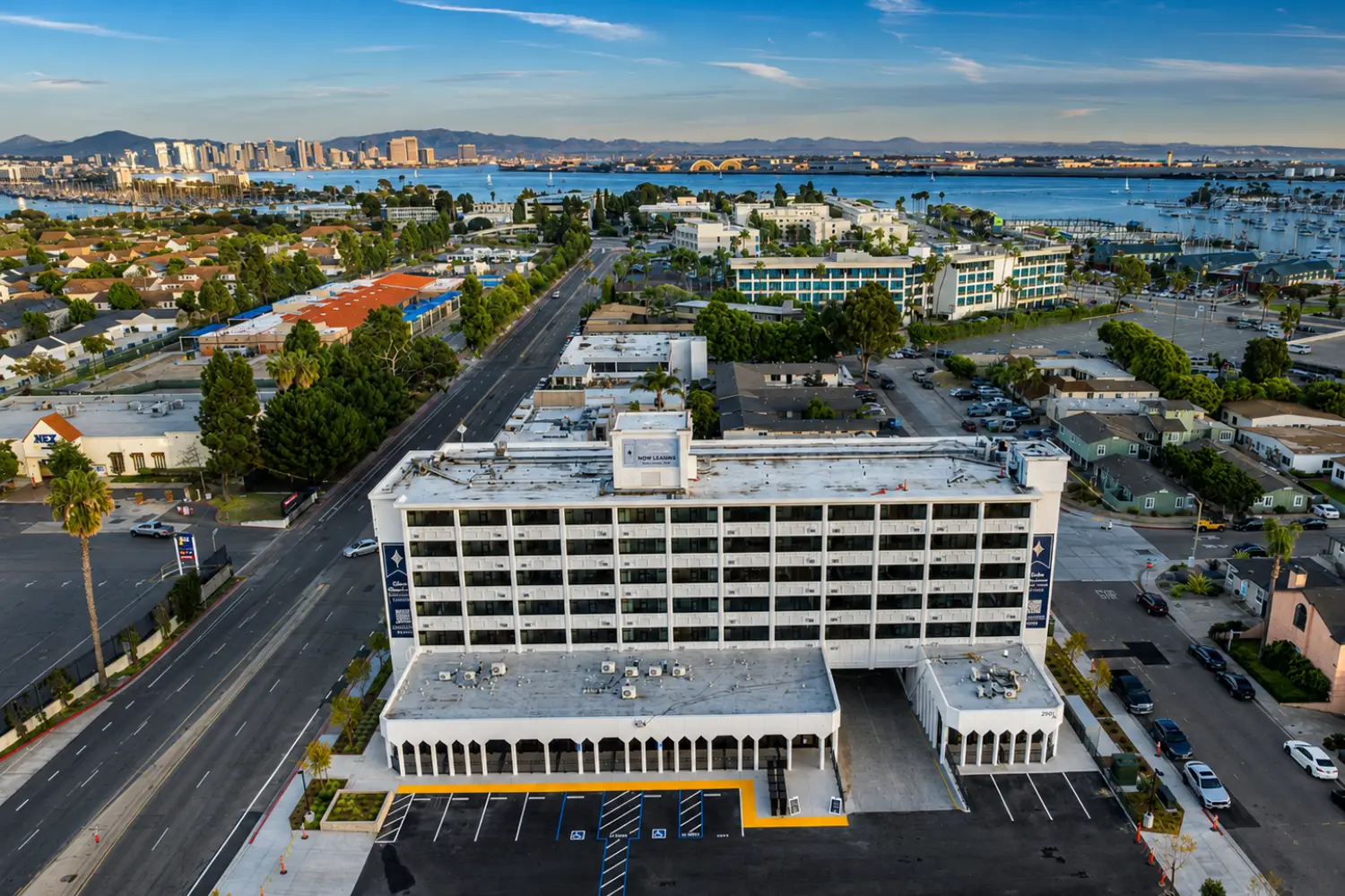 Aerial view of coastal cityscape