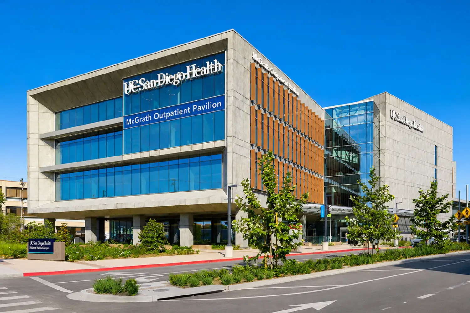 Urban medical center surrounded by greenery