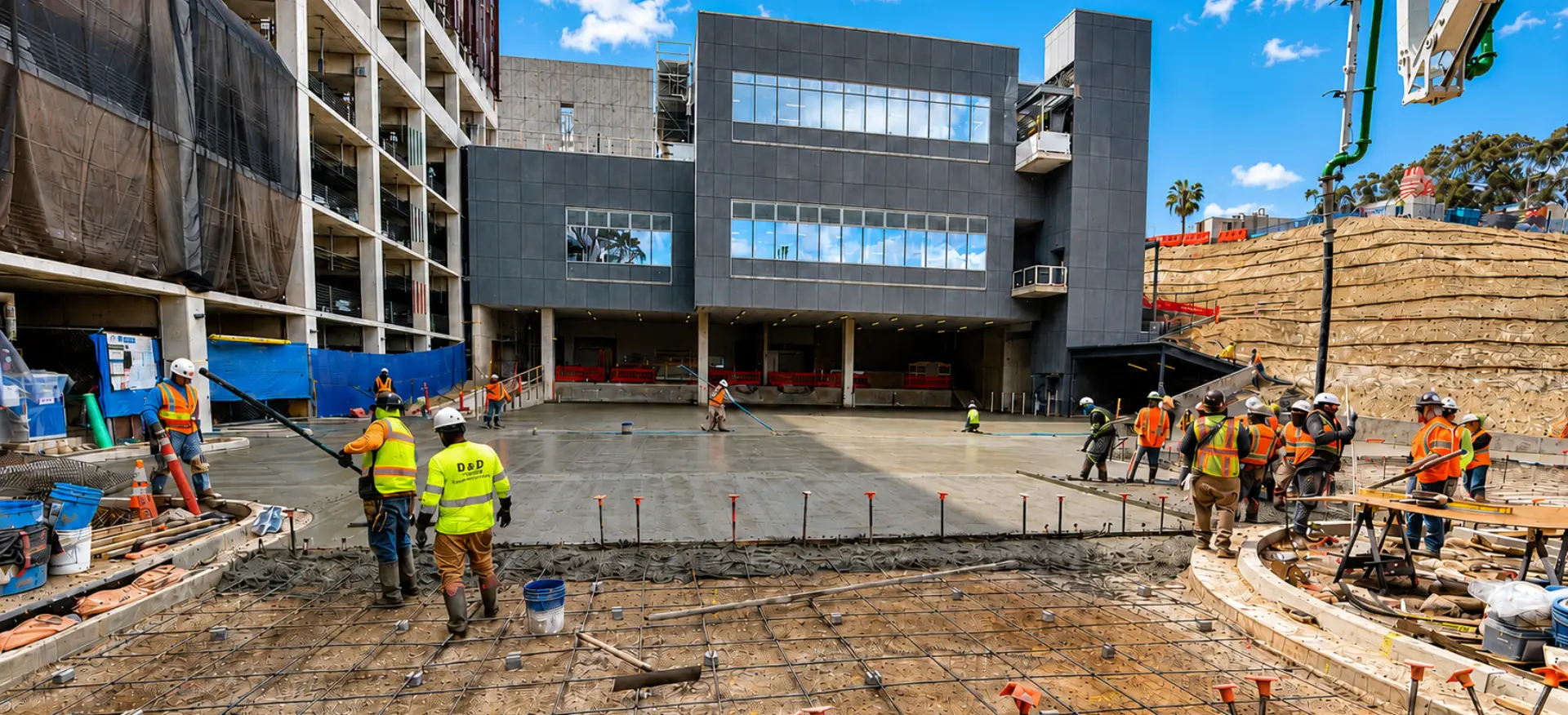 Construction workers pouring concrete at building site