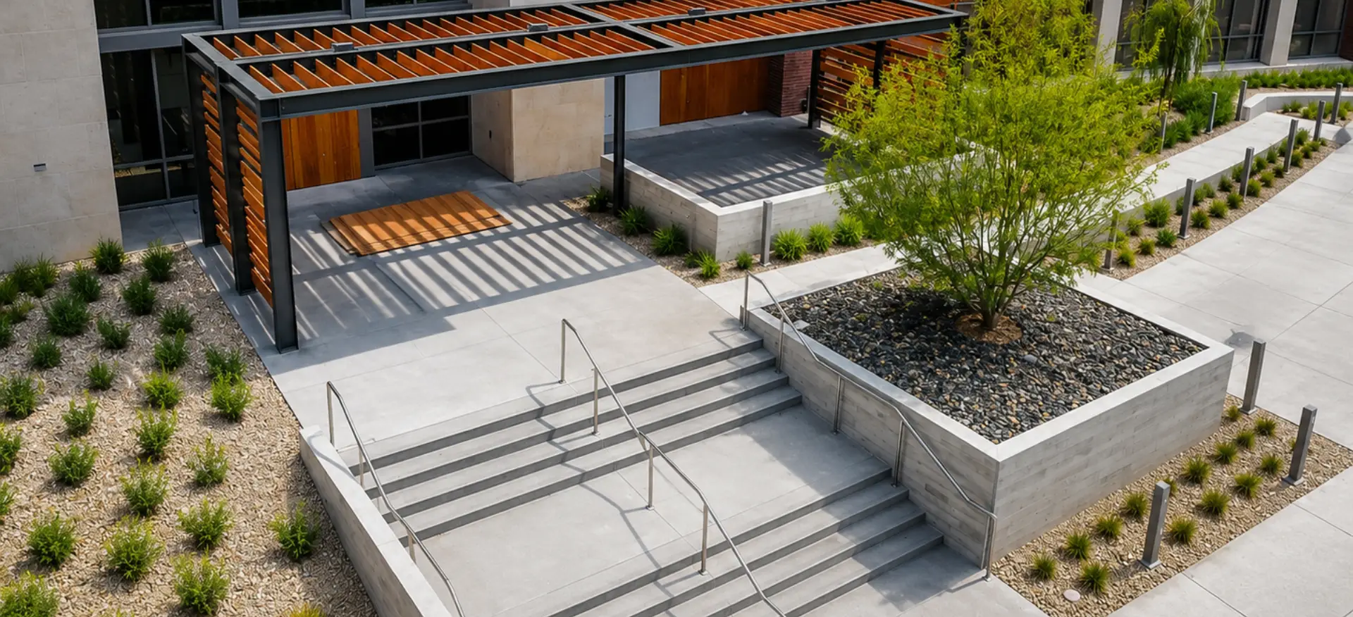 Architectural design with greenery and steps