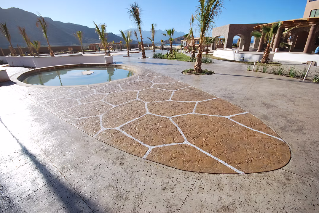 Resort patio with palm trees and pool