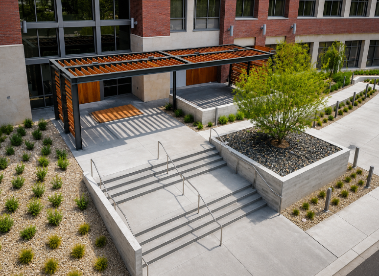 Urban entrance with landscaped plants