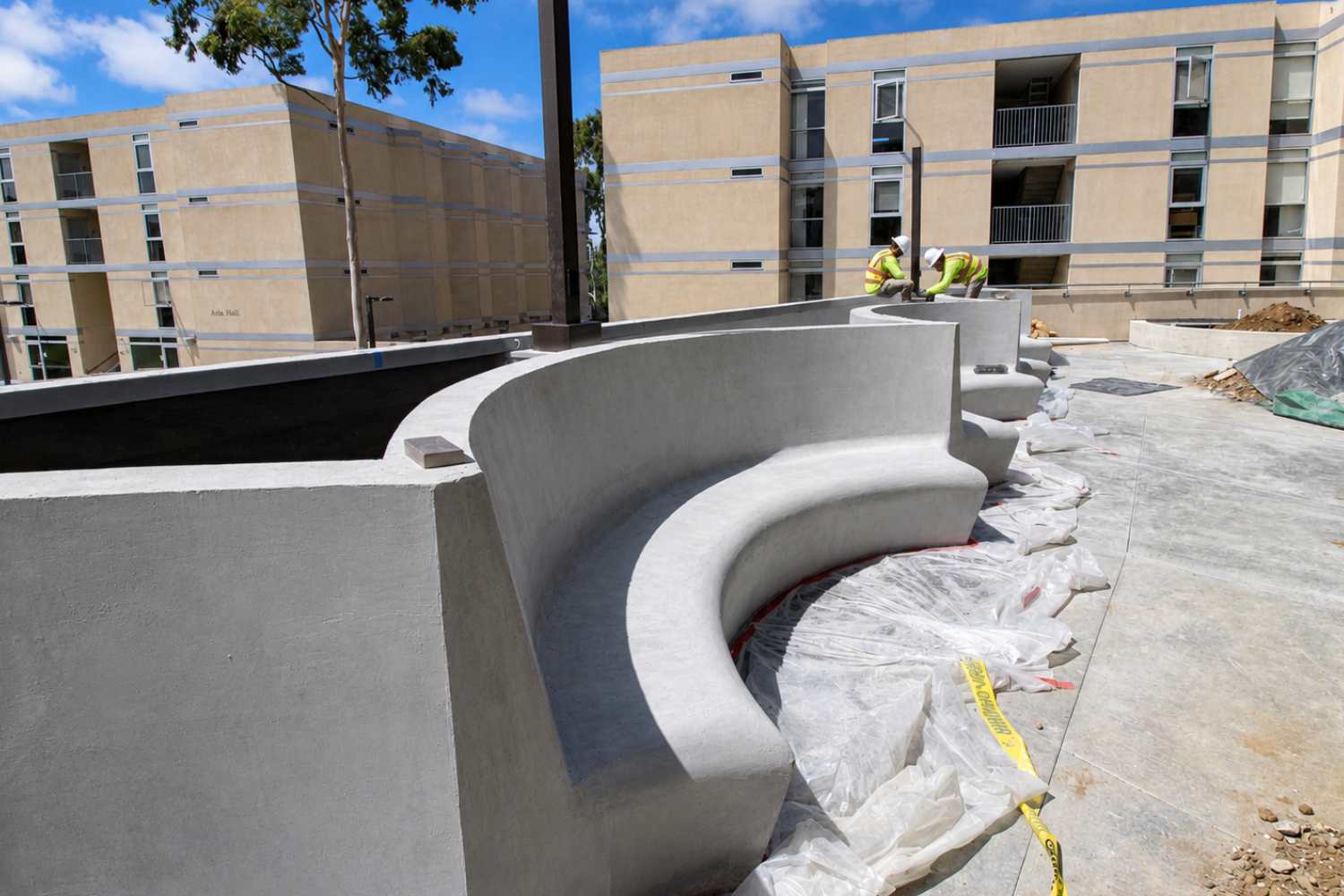 Concrete seating under construction outdoors